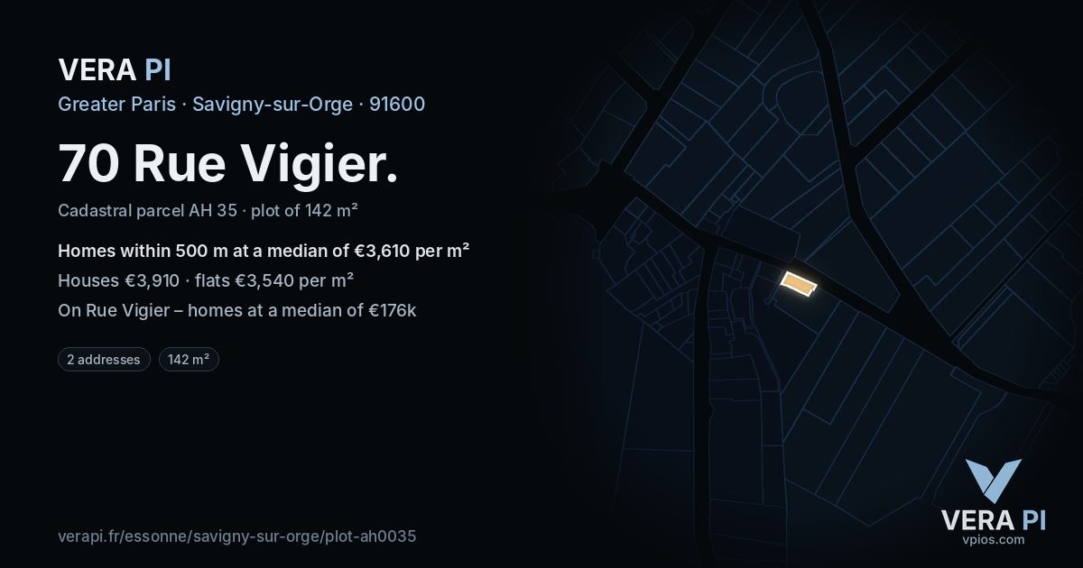 70 Rue Vigier, Savigny-sur-Orge at night – the plot lit, the parcels around coloured by the prices near them