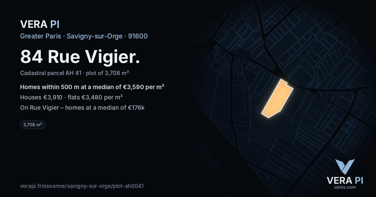 84 Rue Vigier, Savigny-sur-Orge at night – the plot lit, the parcels around coloured by the prices near them