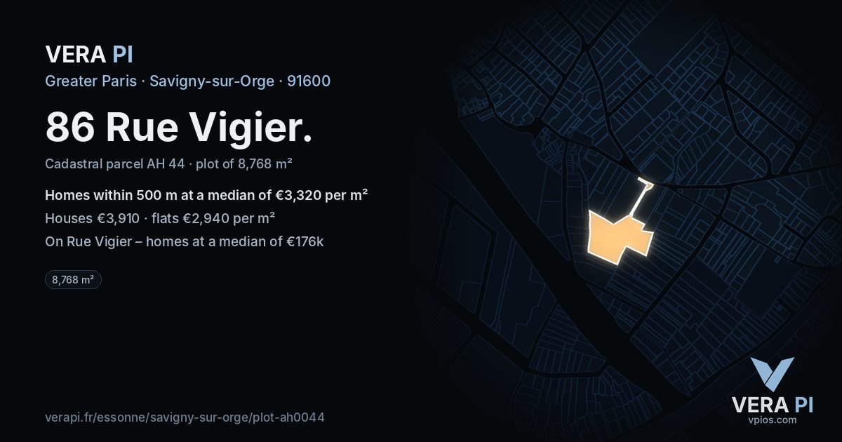 86 Rue Vigier, Savigny-sur-Orge at night – the plot lit, the parcels around coloured by the prices near them