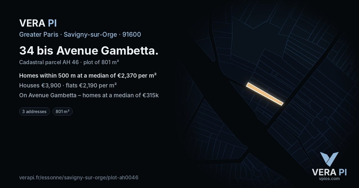 34 bis Avenue Gambetta, Savigny-sur-Orge at night – the plot lit, the parcels around coloured by the prices near them
