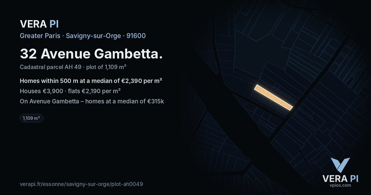32 Avenue Gambetta, Savigny-sur-Orge at night – the plot lit, the parcels around coloured by the prices near them