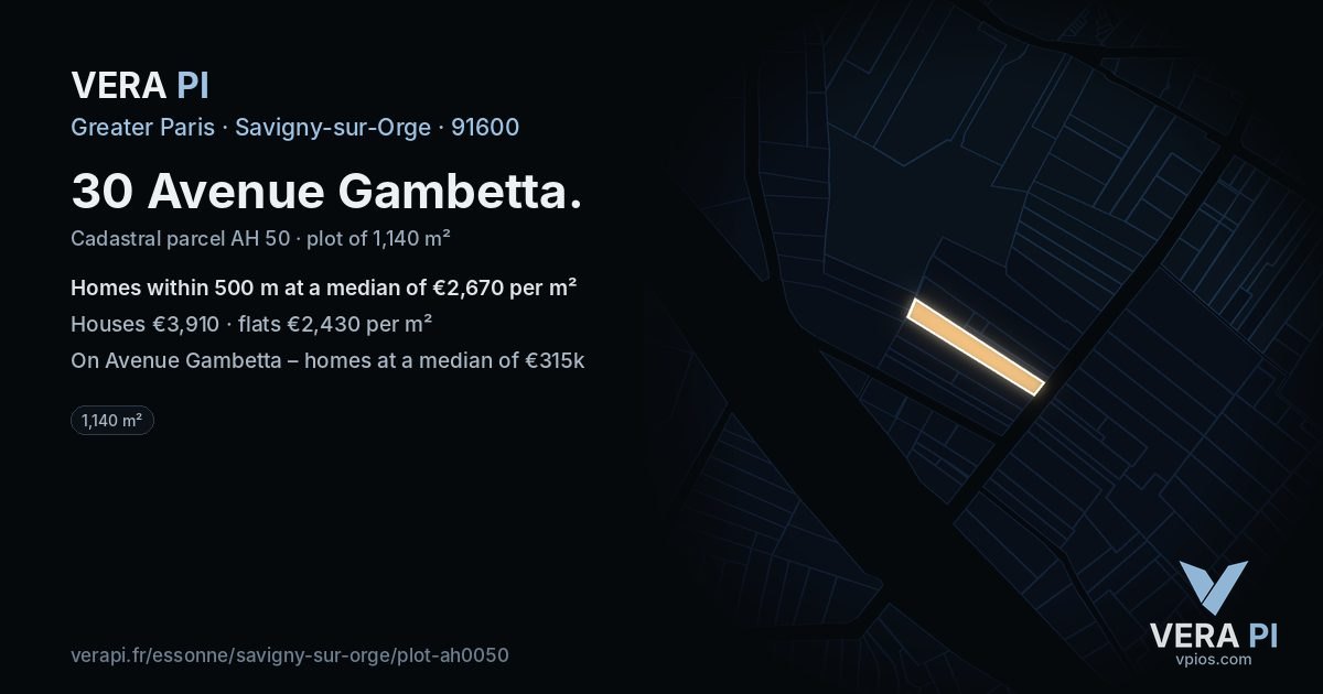 30 Avenue Gambetta, Savigny-sur-Orge at night – the plot lit, the parcels around coloured by the prices near them