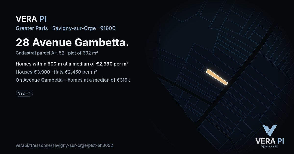 28 Avenue Gambetta, Savigny-sur-Orge at night – the plot lit, the parcels around coloured by the prices near them
