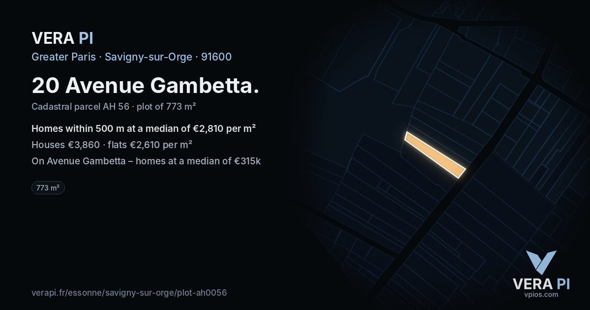 20 Avenue Gambetta, Savigny-sur-Orge at night – the plot lit, the parcels around coloured by the prices near them
