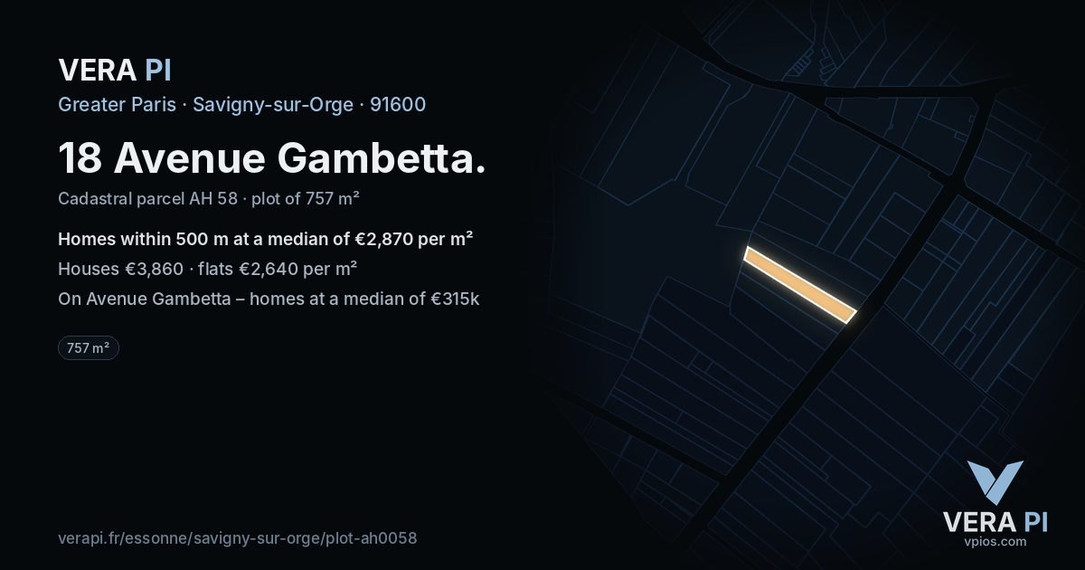 18 Avenue Gambetta, Savigny-sur-Orge at night – the plot lit, the parcels around coloured by the prices near them