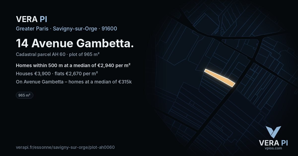 14 Avenue Gambetta, Savigny-sur-Orge at night – the plot lit, the parcels around coloured by the prices near them