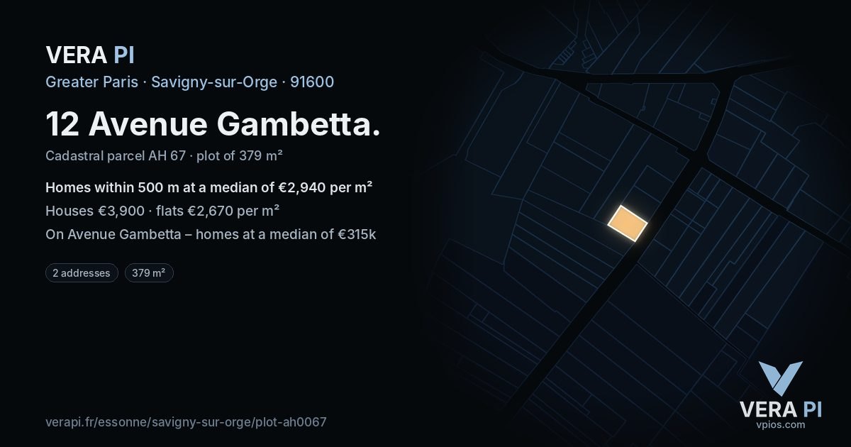 12 Avenue Gambetta, Savigny-sur-Orge at night – the plot lit, the parcels around coloured by the prices near them