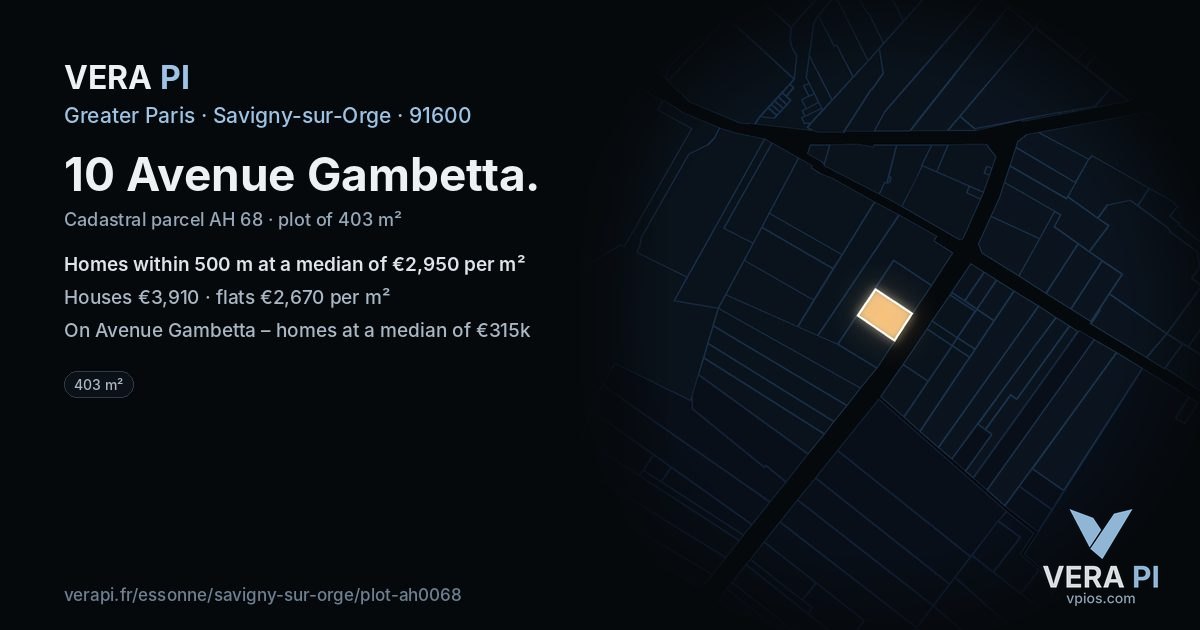 10 Avenue Gambetta, Savigny-sur-Orge at night – the plot lit, the parcels around coloured by the prices near them
