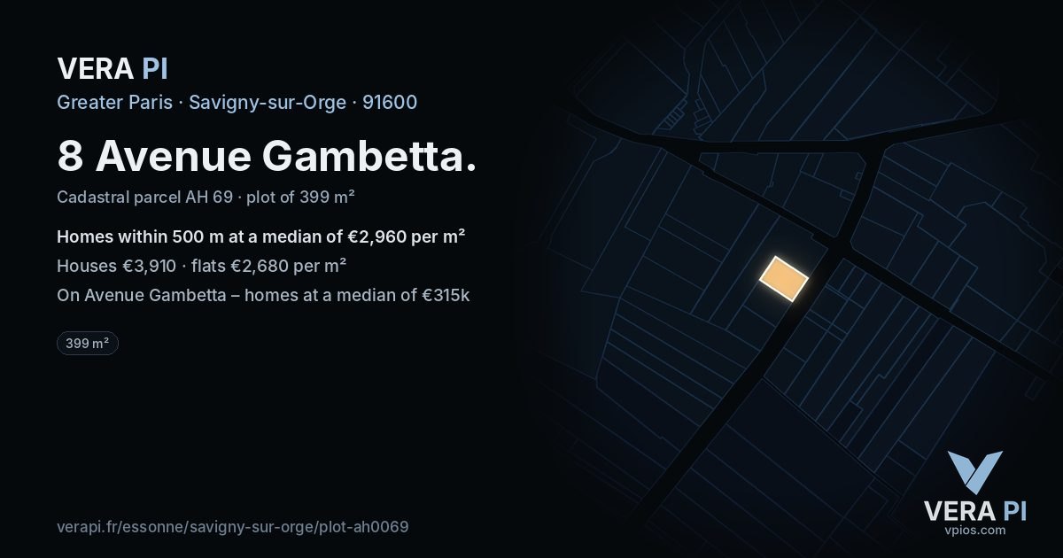 8 Avenue Gambetta, Savigny-sur-Orge at night – the plot lit, the parcels around coloured by the prices near them