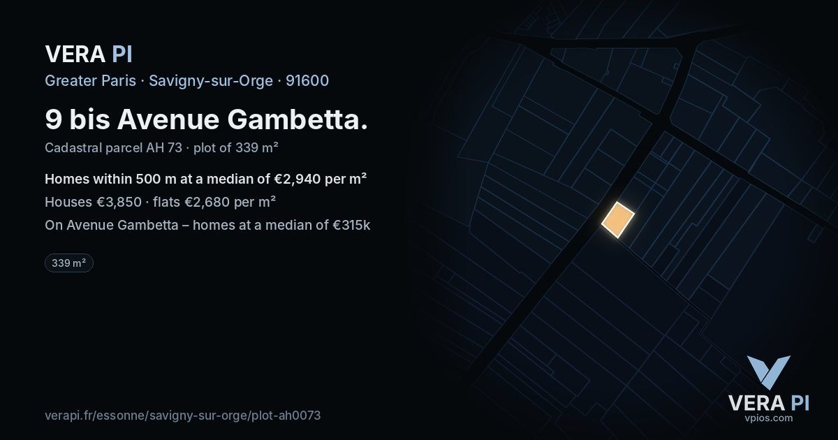 9 bis Avenue Gambetta, Savigny-sur-Orge at night – the plot lit, the parcels around coloured by the prices near them