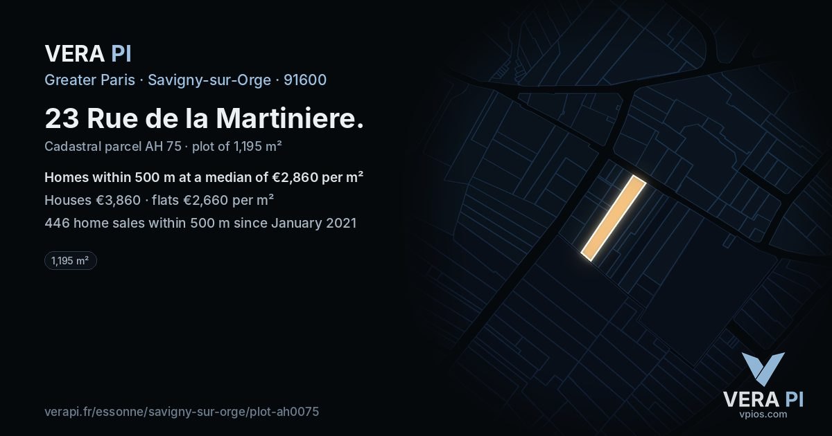 23 Rue de la Martiniere, Savigny-sur-Orge at night – the plot lit, the parcels around coloured by the prices near them