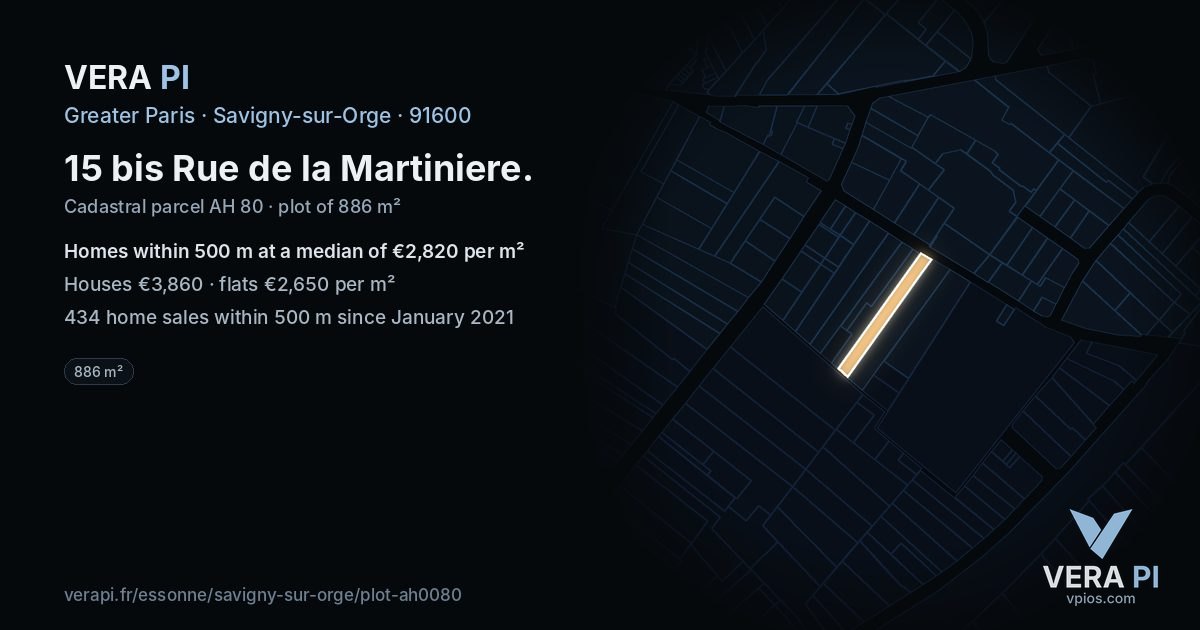 15 bis Rue de la Martiniere, Savigny-sur-Orge at night – the plot lit, the parcels around coloured by the prices near them