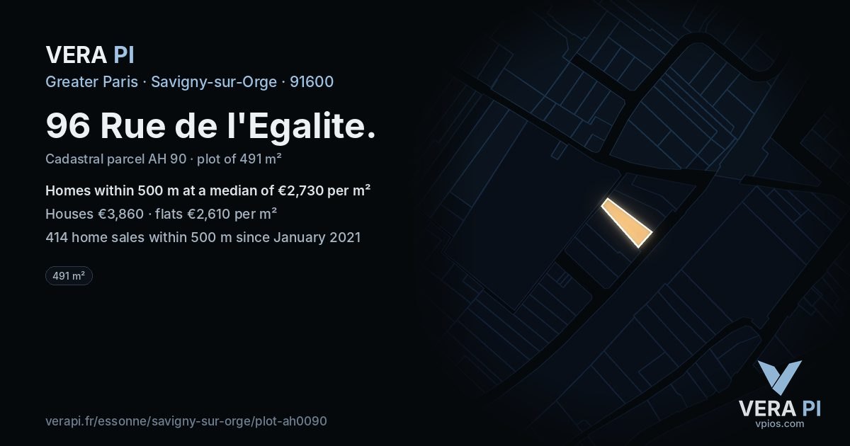 96 Rue de l'Egalite, Savigny-sur-Orge at night – the plot lit, the parcels around coloured by the prices near them