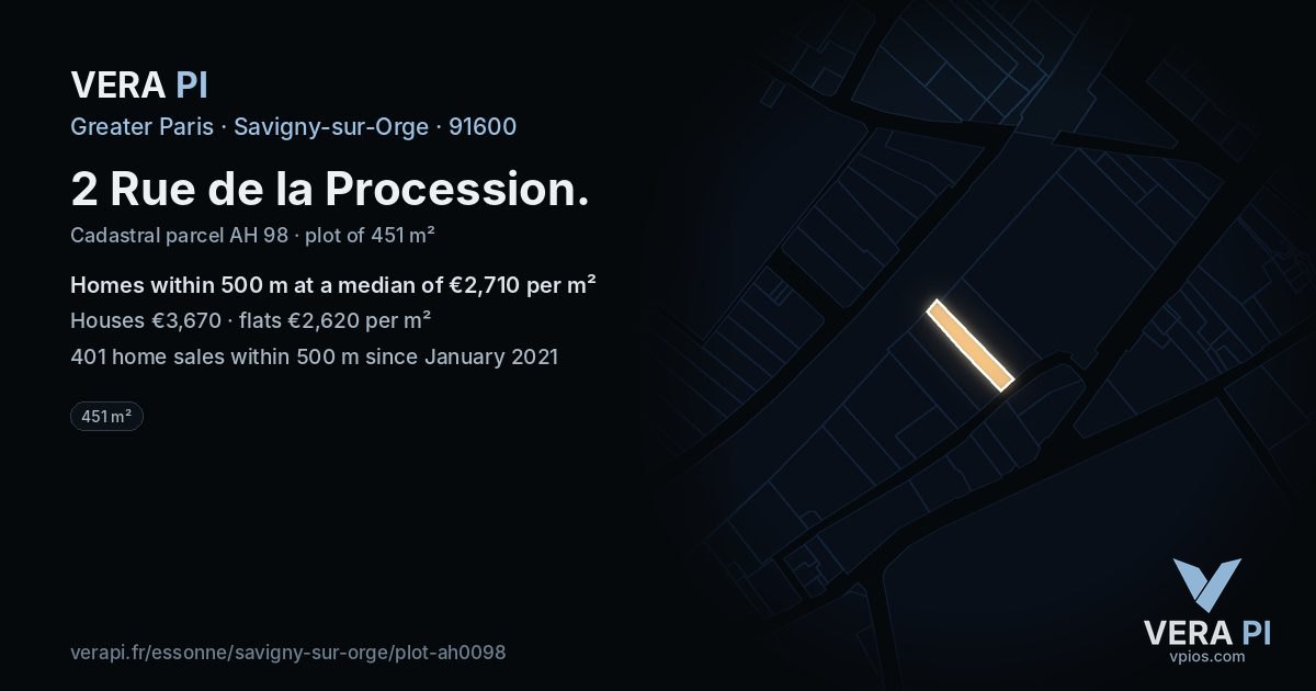 2 Rue de la Procession, Savigny-sur-Orge at night – the plot lit, the parcels around coloured by the prices near them