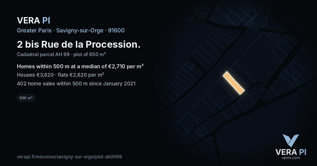 2 bis Rue de la Procession, Savigny-sur-Orge at night – the plot lit, the parcels around coloured by the prices near them