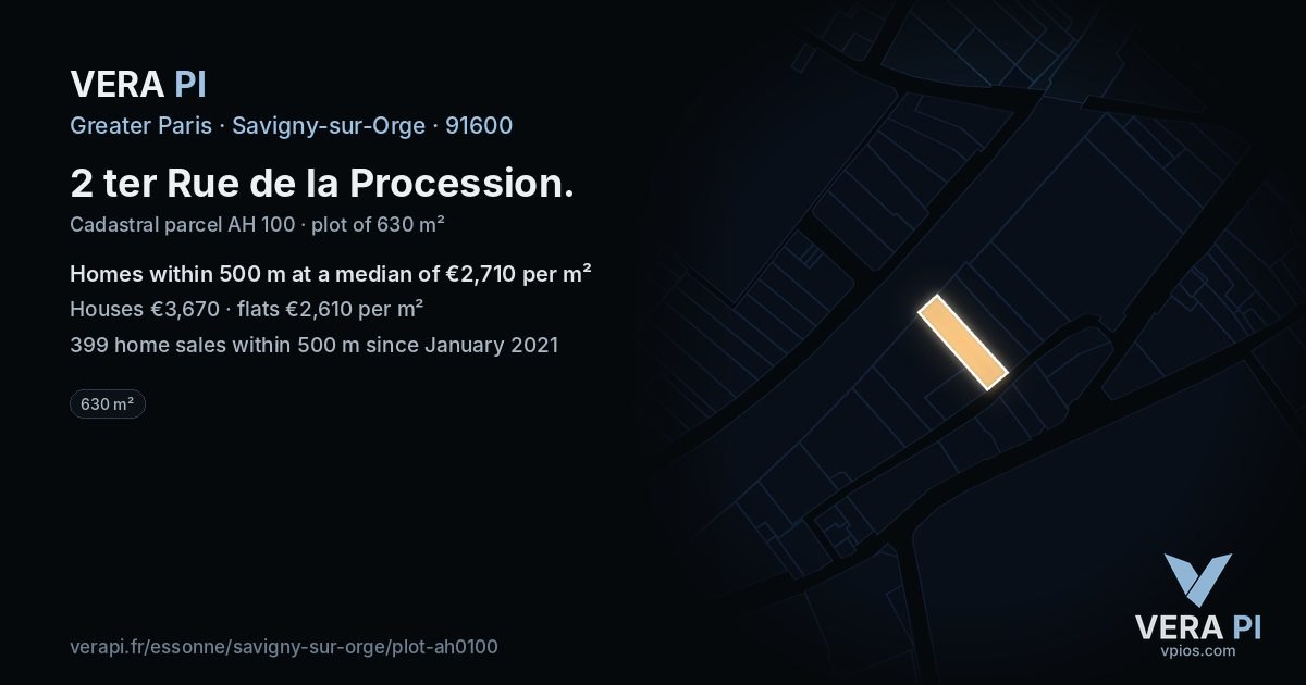 2 ter Rue de la Procession, Savigny-sur-Orge at night – the plot lit, the parcels around coloured by the prices near them