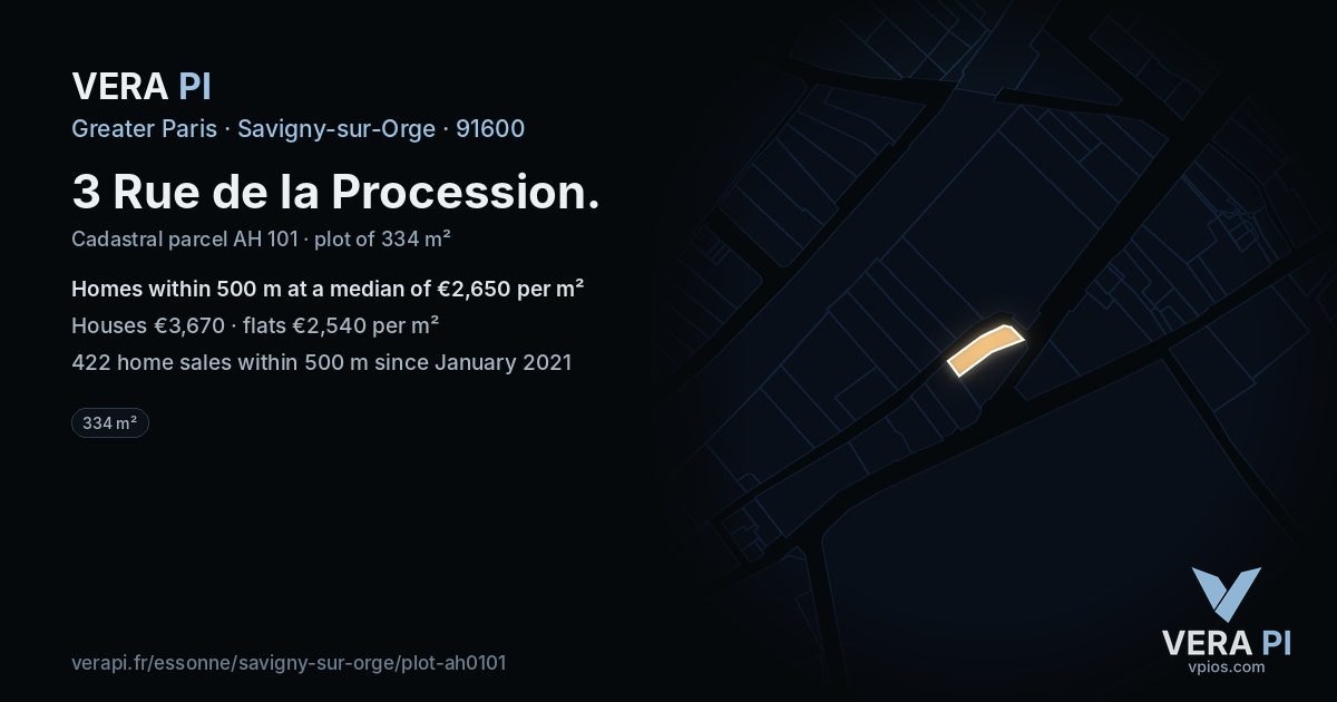 3 Rue de la Procession, Savigny-sur-Orge at night – the plot lit, the parcels around coloured by the prices near them