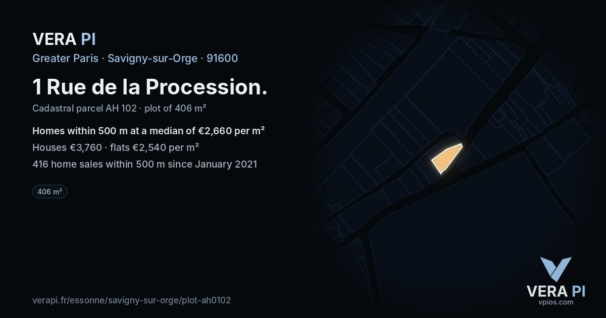 1 Rue de la Procession, Savigny-sur-Orge at night – the plot lit, the parcels around coloured by the prices near them