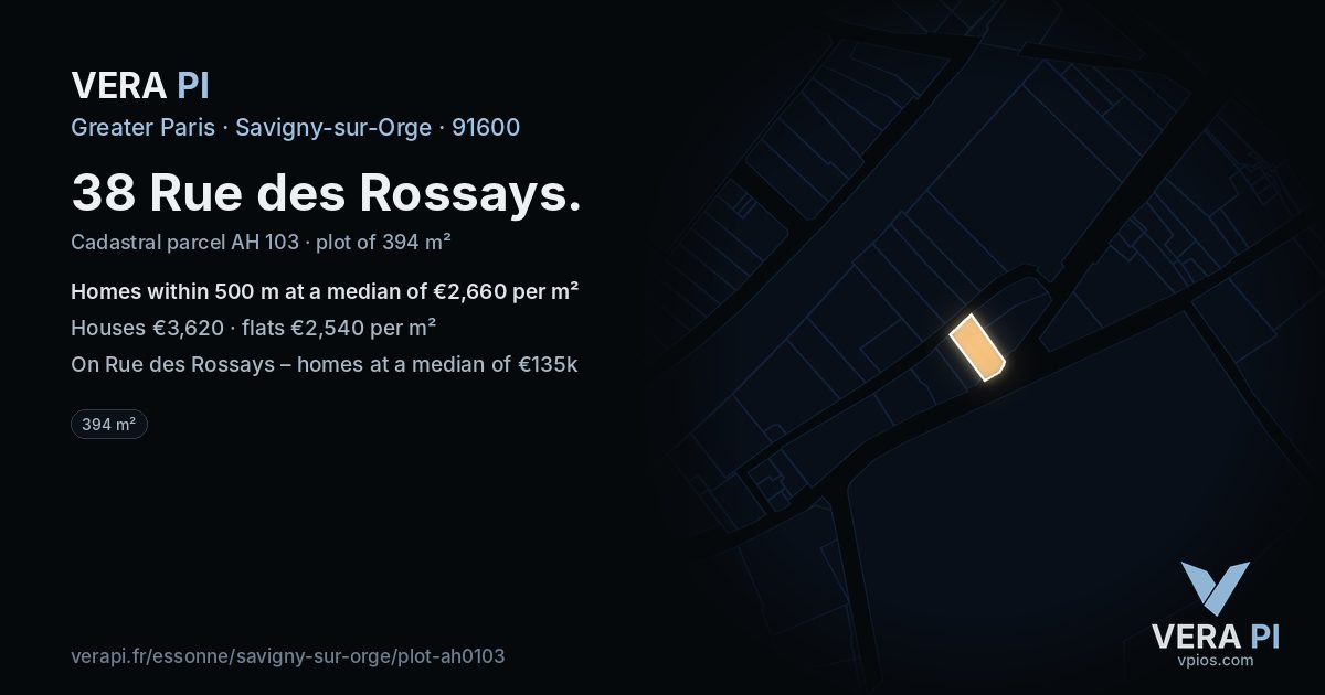 38 Rue des Rossays, Savigny-sur-Orge at night – the plot lit, the parcels around coloured by the prices near them