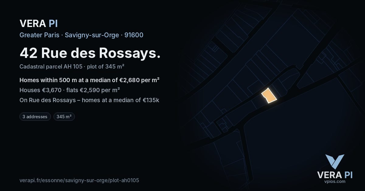 42 Rue des Rossays, Savigny-sur-Orge at night – the plot lit, the parcels around coloured by the prices near them