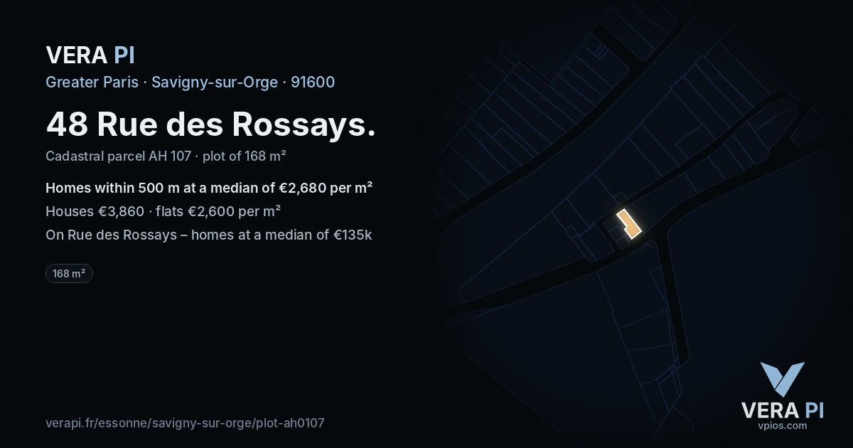 48 Rue des Rossays, Savigny-sur-Orge at night – the plot lit, the parcels around coloured by the prices near them