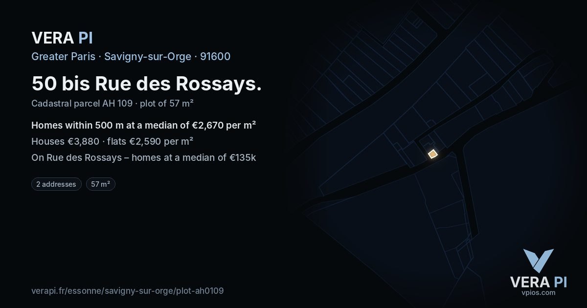 50 bis Rue des Rossays, Savigny-sur-Orge at night – the plot lit, the parcels around coloured by the prices near them