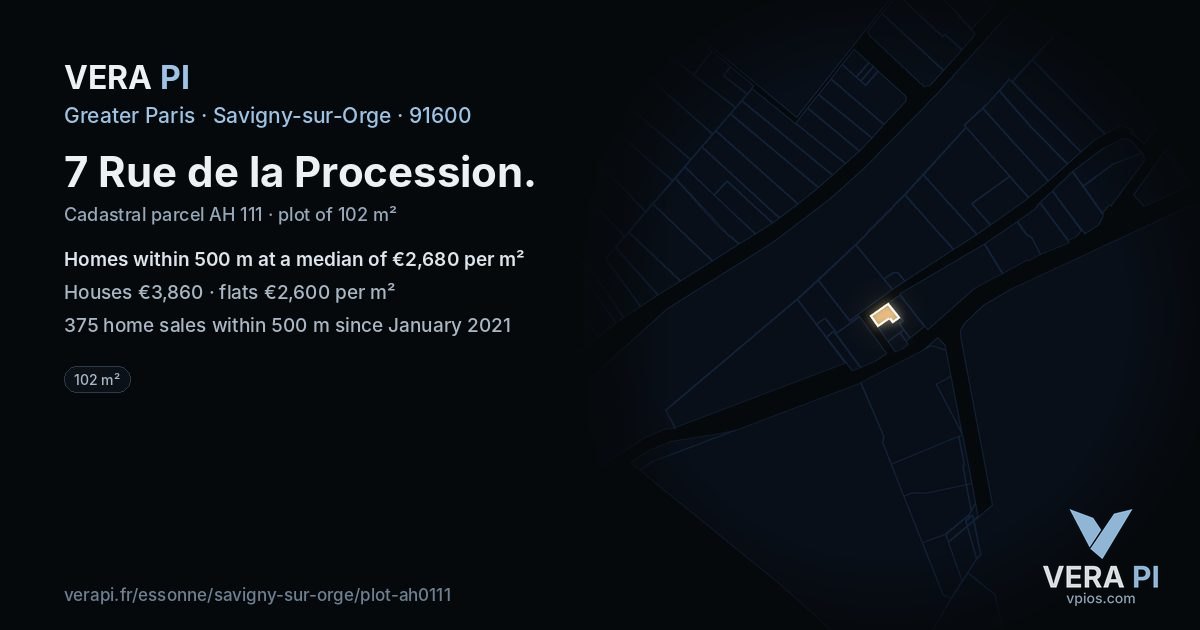 7 Rue de la Procession, Savigny-sur-Orge at night – the plot lit, the parcels around coloured by the prices near them