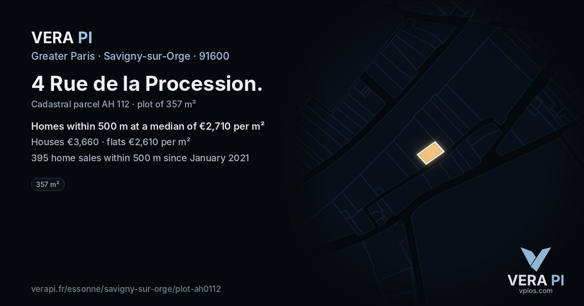 4 Rue de la Procession, Savigny-sur-Orge at night – the plot lit, the parcels around coloured by the prices near them