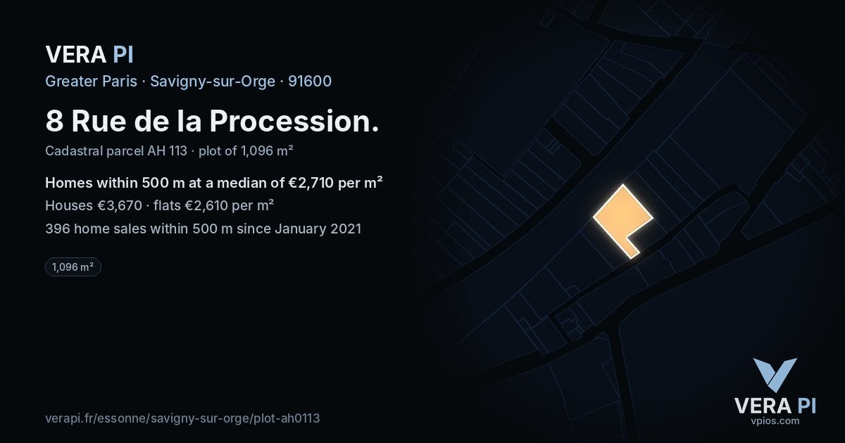 8 Rue de la Procession, Savigny-sur-Orge at night – the plot lit, the parcels around coloured by the prices near them