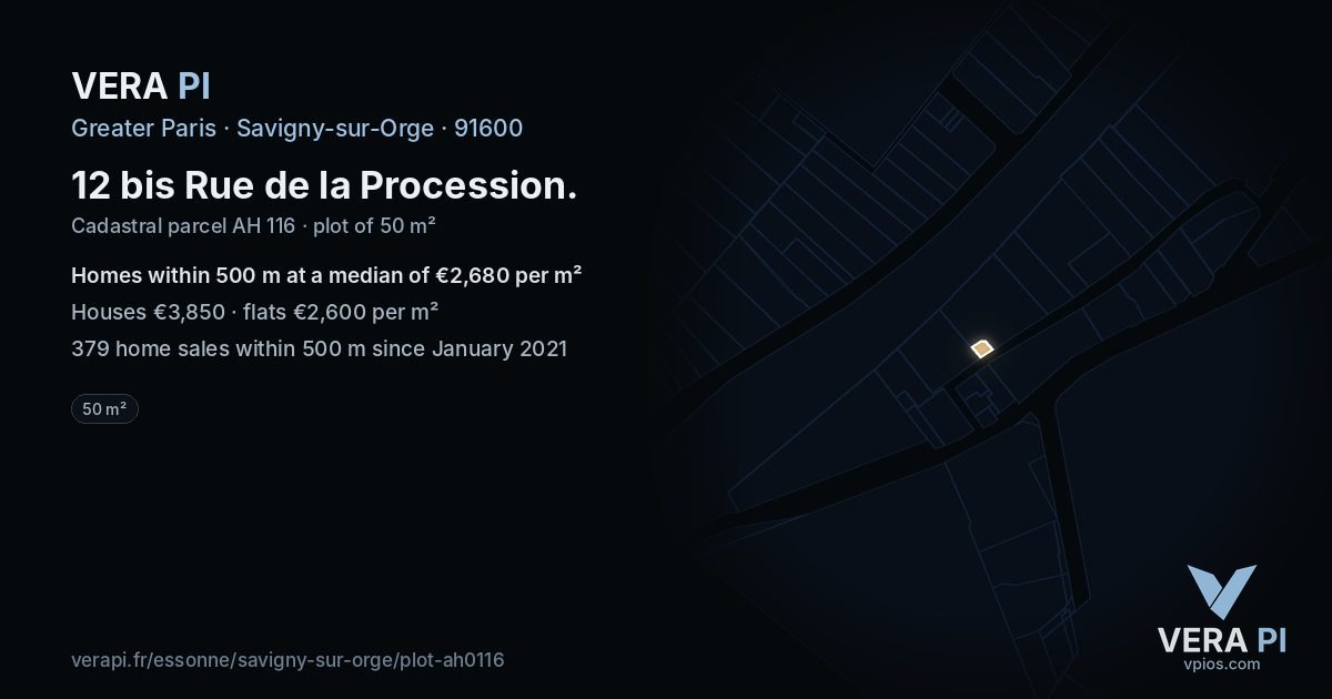 12 bis Rue de la Procession, Savigny-sur-Orge at night – the plot lit, the parcels around coloured by the prices near them