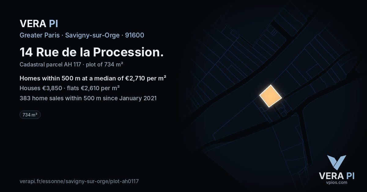 14 Rue de la Procession, Savigny-sur-Orge at night – the plot lit, the parcels around coloured by the prices near them