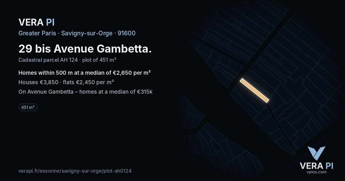 29 bis Avenue Gambetta, Savigny-sur-Orge at night – the plot lit, the parcels around coloured by the prices near them