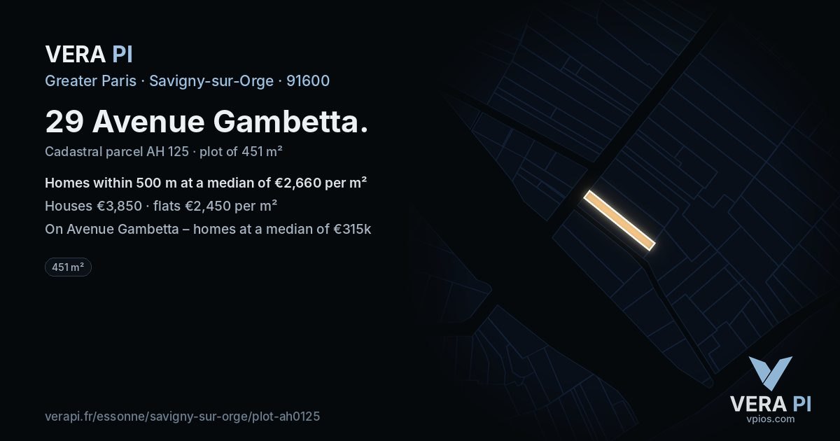 29 Avenue Gambetta, Savigny-sur-Orge at night – the plot lit, the parcels around coloured by the prices near them