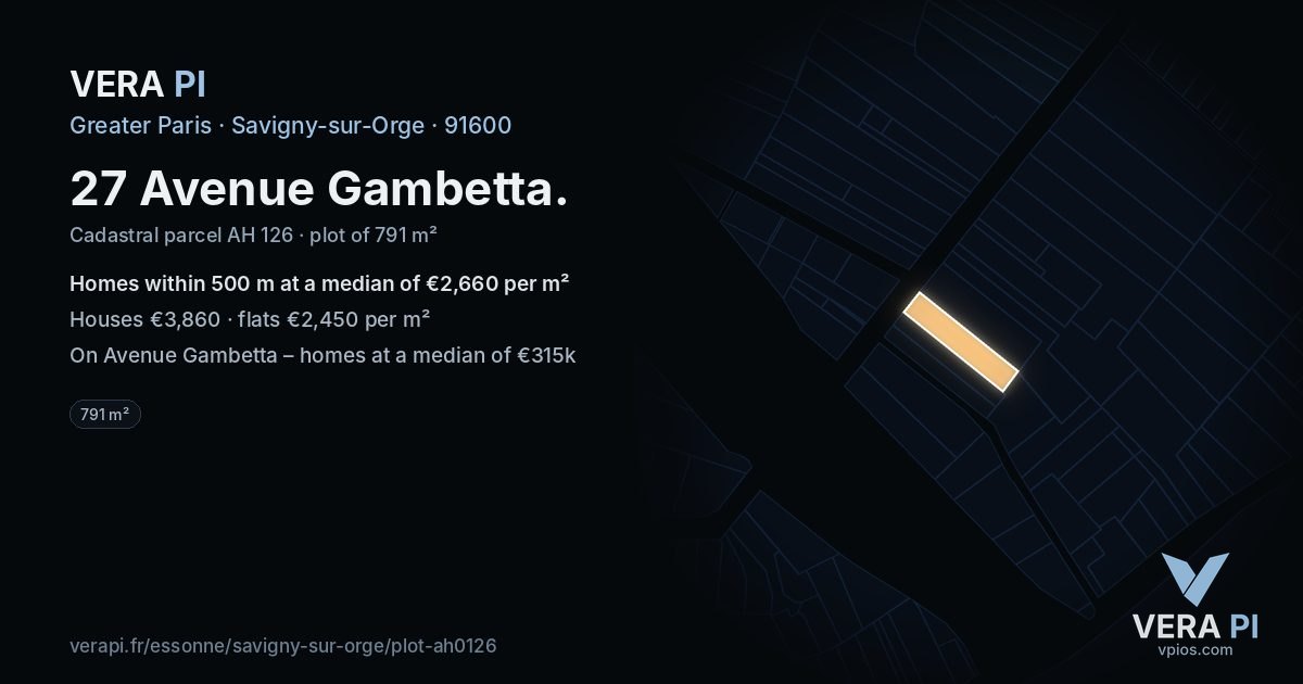 27 Avenue Gambetta, Savigny-sur-Orge at night – the plot lit, the parcels around coloured by the prices near them
