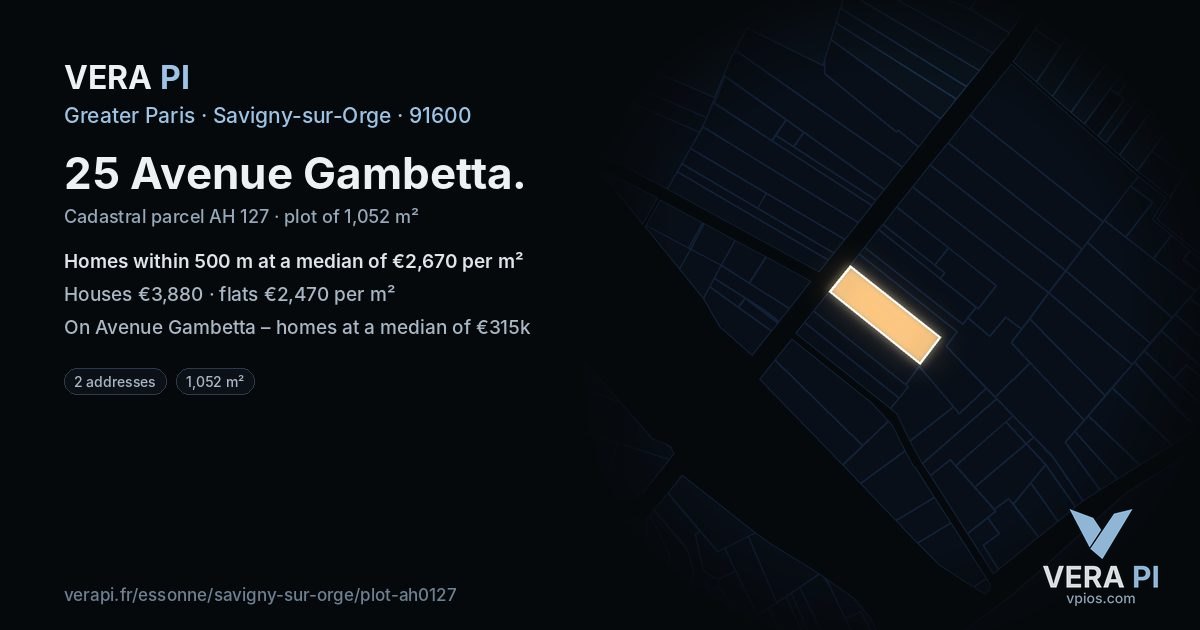25 Avenue Gambetta, Savigny-sur-Orge at night – the plot lit, the parcels around coloured by the prices near them