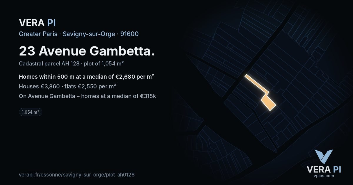 23 Avenue Gambetta, Savigny-sur-Orge at night – the plot lit, the parcels around coloured by the prices near them