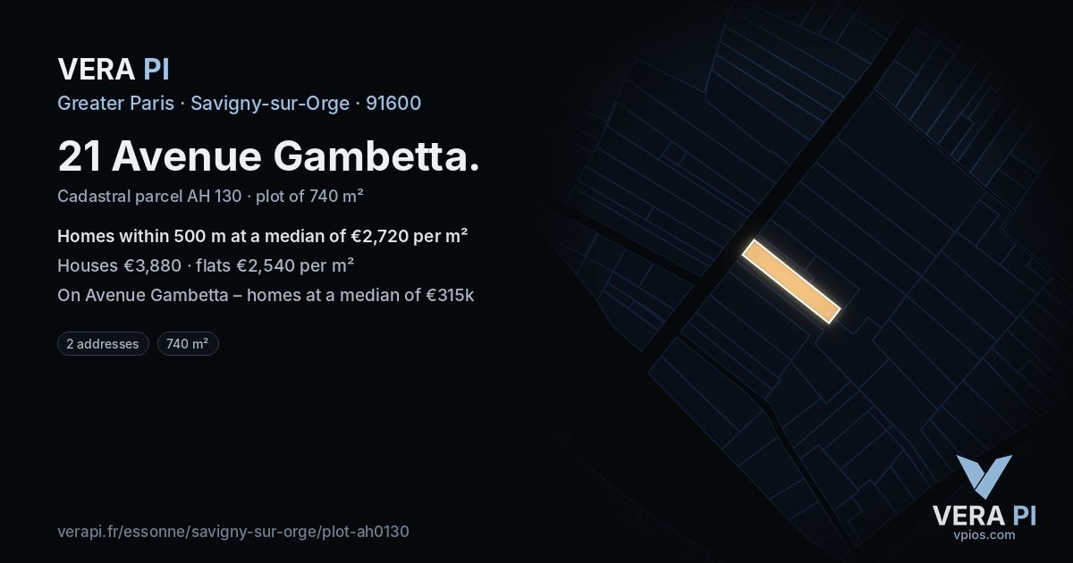 21 Avenue Gambetta, Savigny-sur-Orge at night – the plot lit, the parcels around coloured by the prices near them