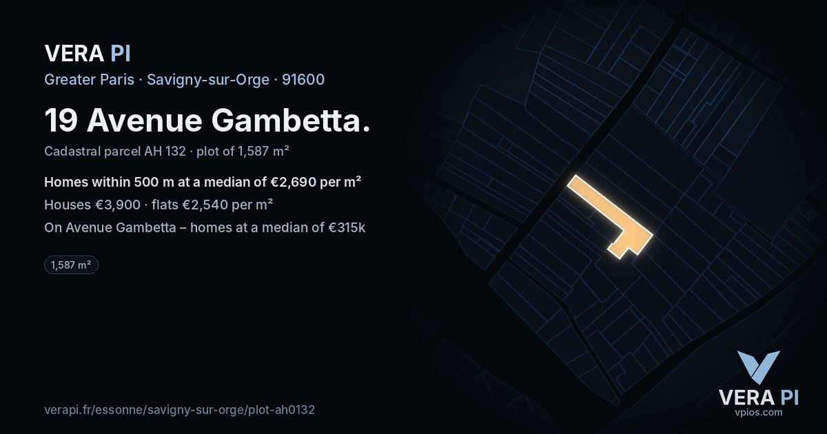 19 Avenue Gambetta, Savigny-sur-Orge at night – the plot lit, the parcels around coloured by the prices near them