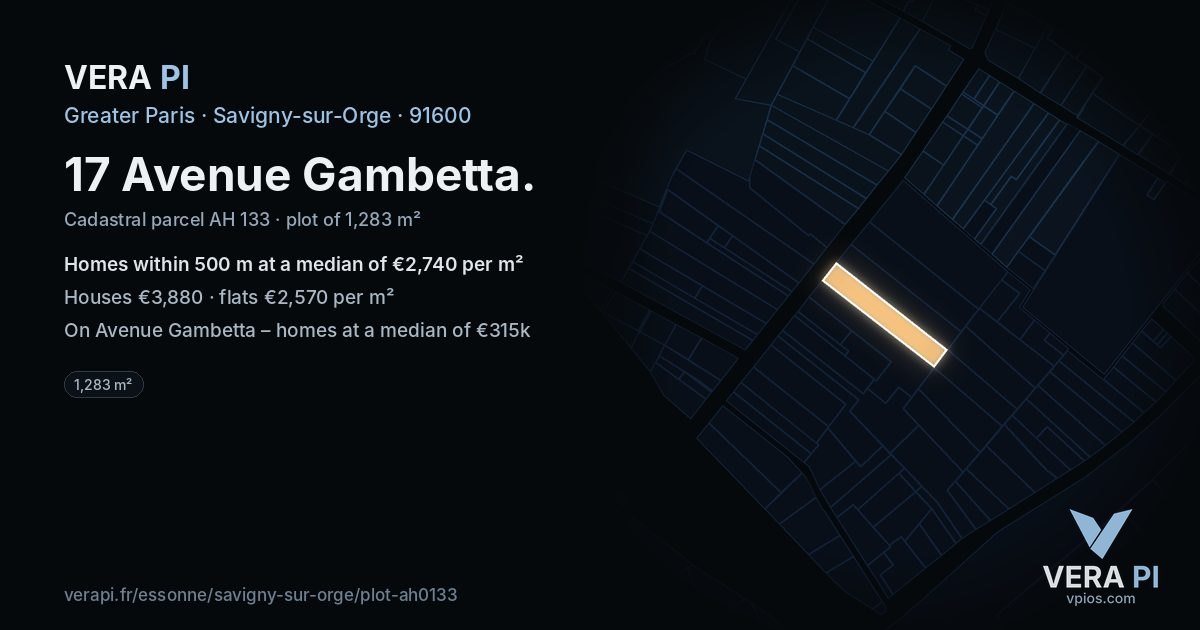 17 Avenue Gambetta, Savigny-sur-Orge at night – the plot lit, the parcels around coloured by the prices near them