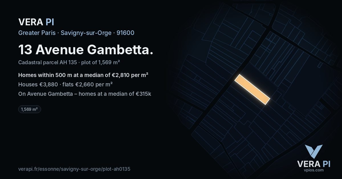 13 Avenue Gambetta, Savigny-sur-Orge at night – the plot lit, the parcels around coloured by the prices near them