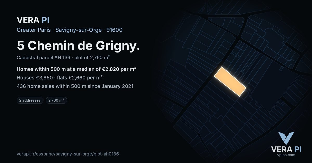 5 Chemin de Grigny, Savigny-sur-Orge at night – the plot lit, the parcels around coloured by the prices near them