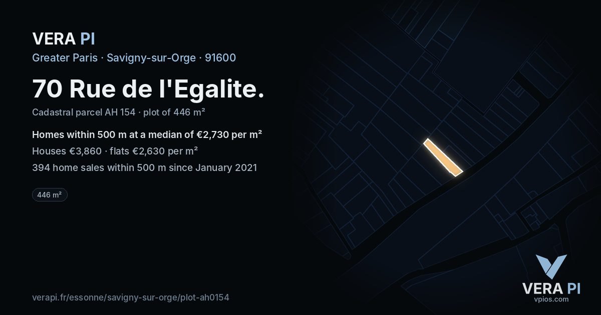70 Rue de l'Egalite, Savigny-sur-Orge at night – the plot lit, the parcels around coloured by the prices near them