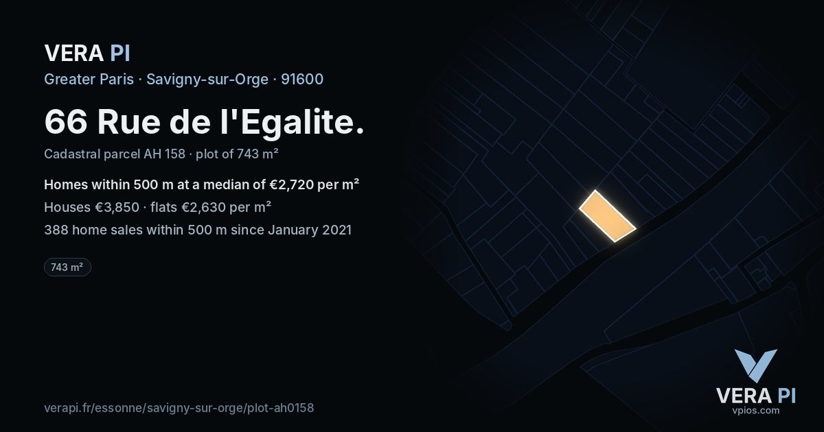 66 Rue de l'Egalite, Savigny-sur-Orge at night – the plot lit, the parcels around coloured by the prices near them