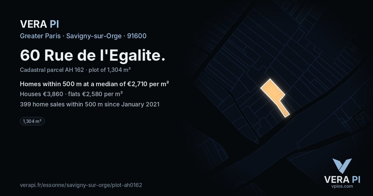 60 Rue de l'Egalite, Savigny-sur-Orge at night – the plot lit, the parcels around coloured by the prices near them