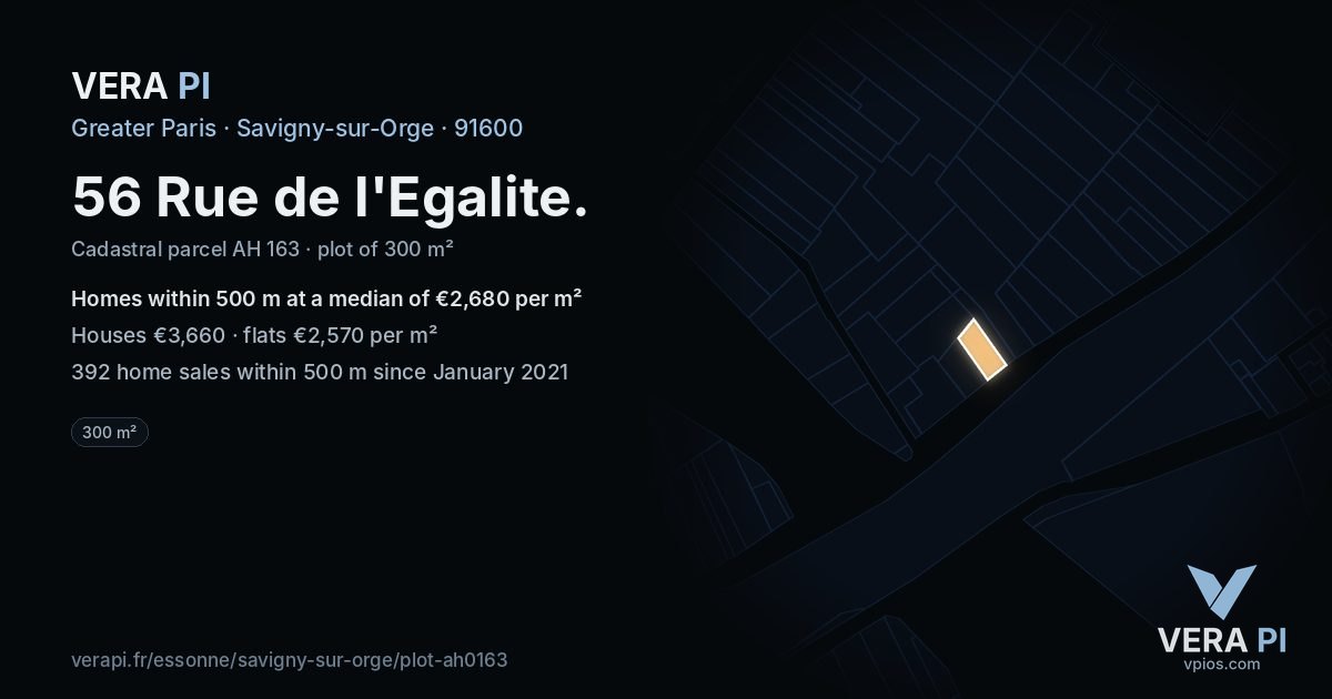 56 Rue de l'Egalite, Savigny-sur-Orge at night – the plot lit, the parcels around coloured by the prices near them