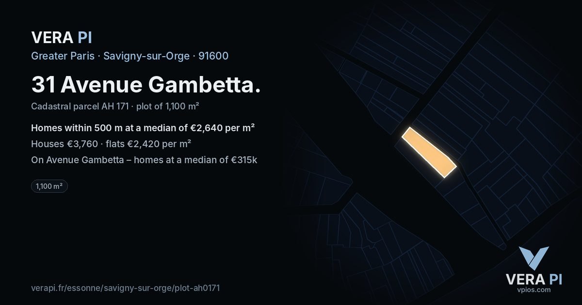 31 Avenue Gambetta, Savigny-sur-Orge at night – the plot lit, the parcels around coloured by the prices near them