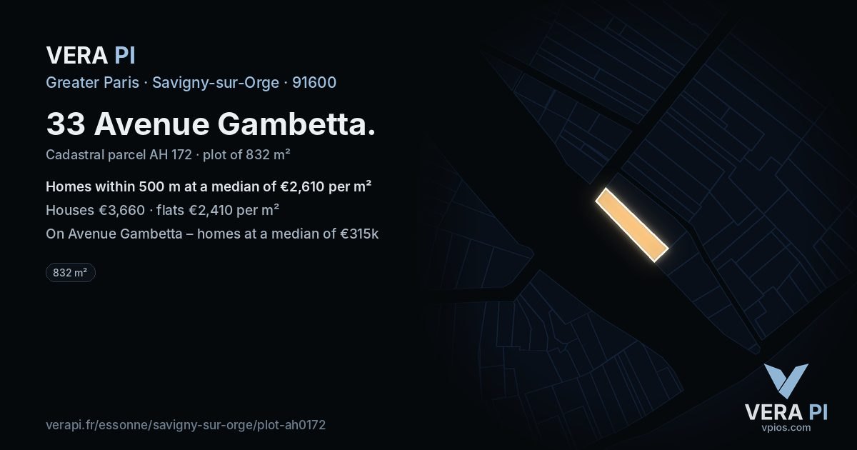 33 Avenue Gambetta, Savigny-sur-Orge at night – the plot lit, the parcels around coloured by the prices near them