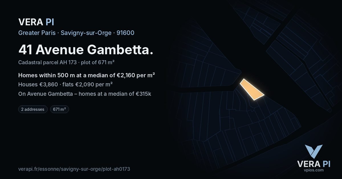 41 Avenue Gambetta, Savigny-sur-Orge at night – the plot lit, the parcels around coloured by the prices near them