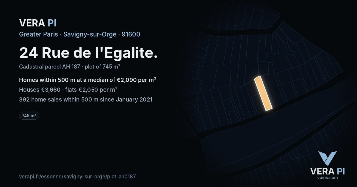 24 Rue de l'Egalite, Savigny-sur-Orge at night – the plot lit, the parcels around coloured by the prices near them