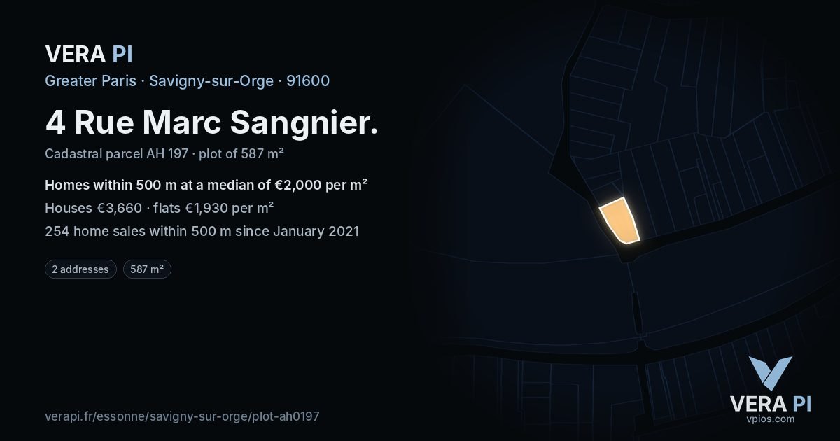4 Rue Marc Sangnier, Savigny-sur-Orge at night – the plot lit, the parcels around coloured by the prices near them